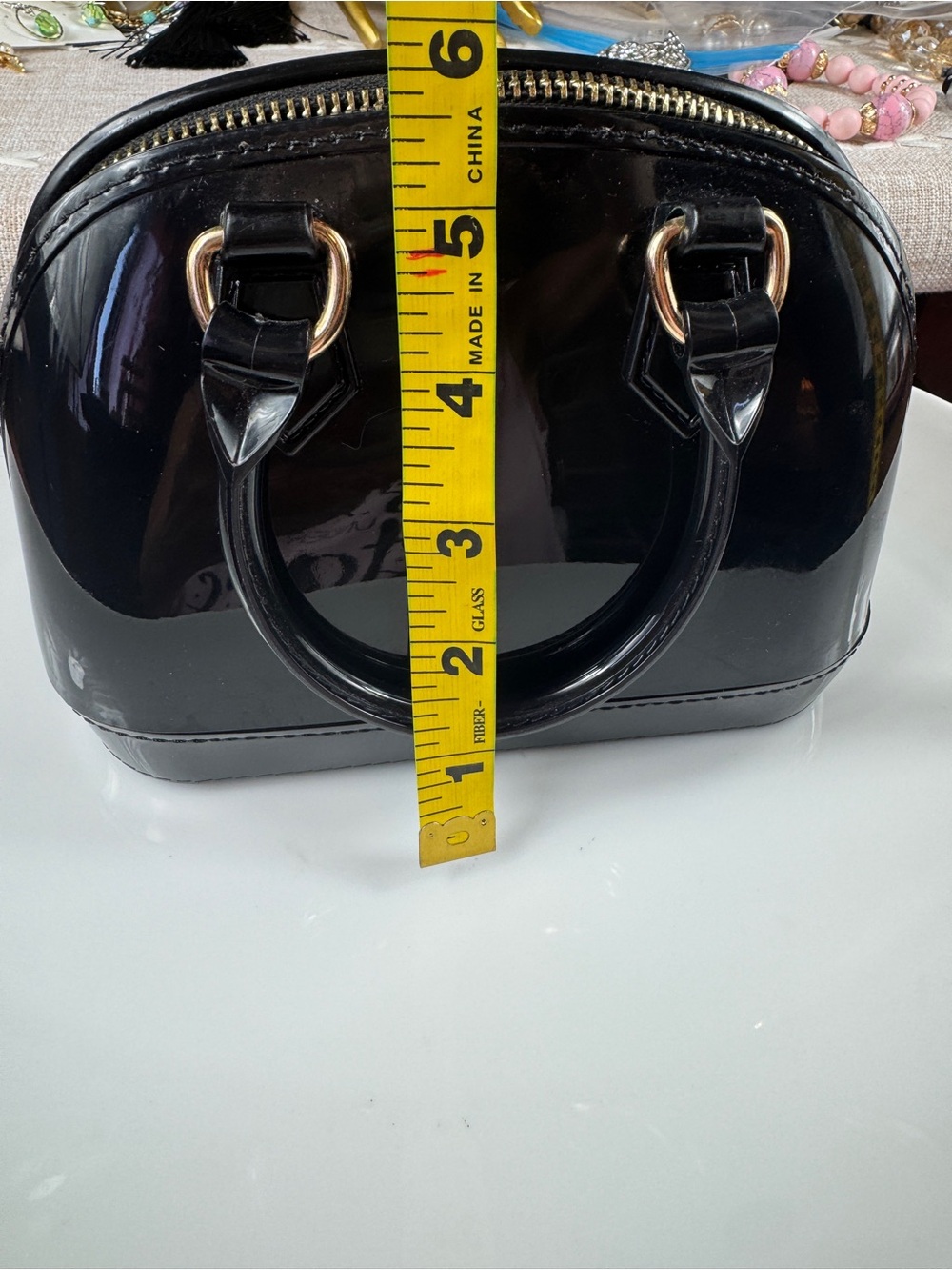 Black Patent Mini Satchel Handbag with Gold Hardware - Picture 10 of 11